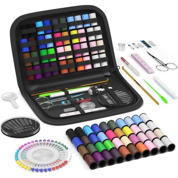 Sewing Kit with Scissors, Thimble, Thread, Sewing Needles (Black, L) - Picture 1 of 6